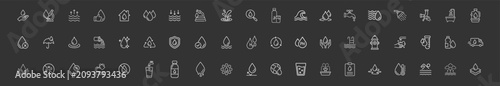 Outline water icons collection including droplet, faucet, shower, bottle, glass, rain, wave, filter, plumbing, hydration, utility and sanitation symbols