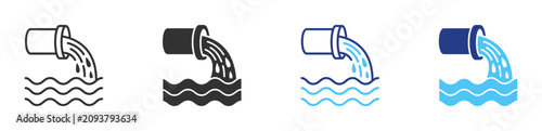 Konstfotografi Wastewater discharge icon set with drainage pipe, sewage outfall, water flow, sa