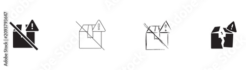 Damaged parcel warning icons showing package handling restrictions and broken box with exclamation mark for shipping safety.