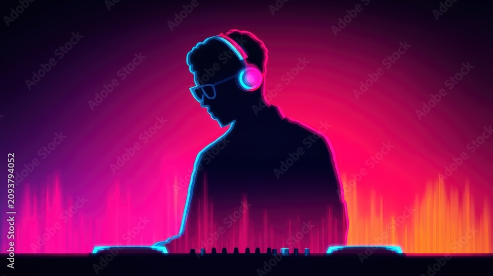 © Peter@studio5 - Silhouetted DJ wearing headphones performs against a vibrant neon backdrop with colorful soundwave visuals.
