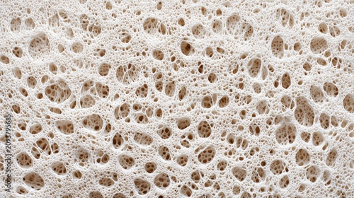 Top view macro photography of a porous white organic sponge texture with an intricate network of hollow cavities
