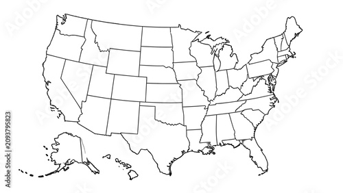 Quadro su tela Outline map of the United States showing all 50 states including Alaska and Hawaii, a clear graphic representation of the country's geography