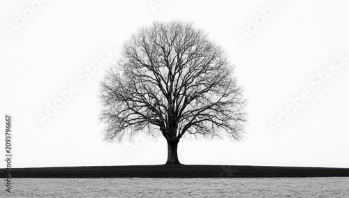 Stripped bare, a solitary deciduous tree stands against a stark white sky
