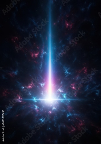 Abstract visualization of the world's deep origin, powerful light emerging from swirling cosmic darkness, illustrating the first creation event, birth, belief, source