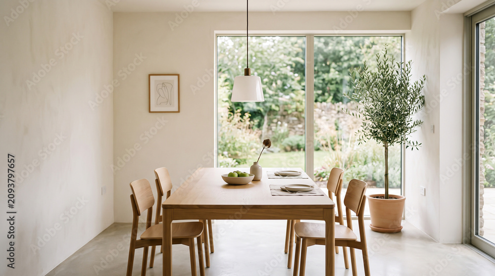 Fototapeta premium Minimalist Dining Room Interior with Wooden Table and Chairs, Pendant Light, Potted Olive Tree, and Large Window Overlooking a Bright Green Garden