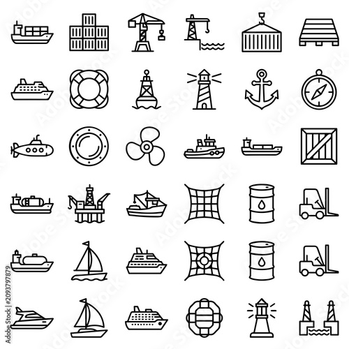Set of linear maritime and nautical icons for logistics and shipping