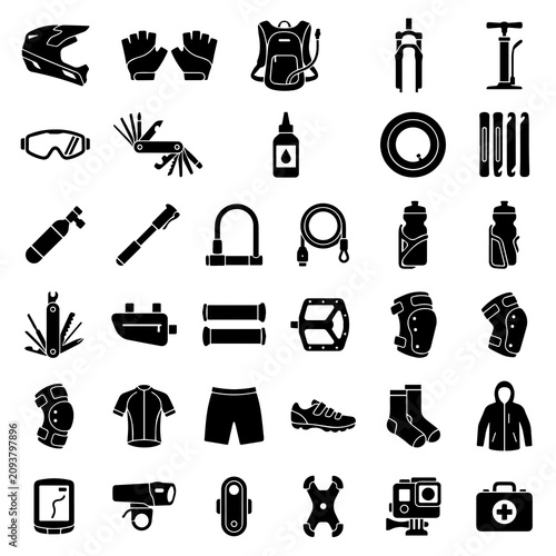 Bicycle maintenance and cycling adventure gear icons with maintenance, equipment