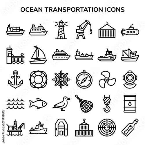 Ocean transportation and maritime logistic icons collection with transportation