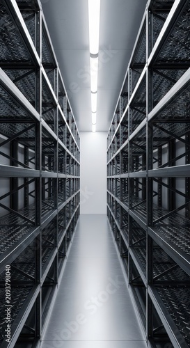 Symmetrical rows of empty industrial shelves create a clean and minimalist backdrop suitable for displaying various types of physical ware, logistics, commerce, product