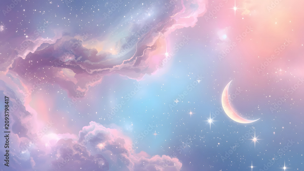 Fototapeta premium Dreamy Pastel Sky with Crescent Moon, Stars, and Nebula Clouds