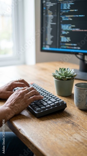 Close view of hands typing on a keyboard beside a code filled monitor on a wooden desk