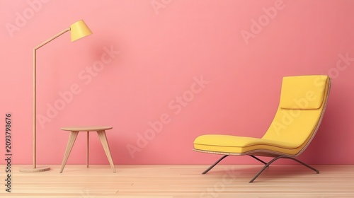 Minimalist interior with yellow chair and lamp