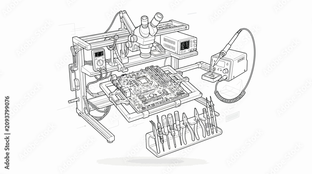 Obraz premium Detailed line art illustration of electronic repair station with motherboard microscope soldering station tools and multimeter for technology maintenance and diagnostics.