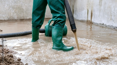 Person wearing rubber boots pumping muddy water from flooded area