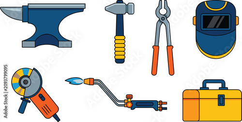 Foto Blacksmith and Metalworking Heavy Duty Tool Icon Set with Anvil Hammer Tongs Wel