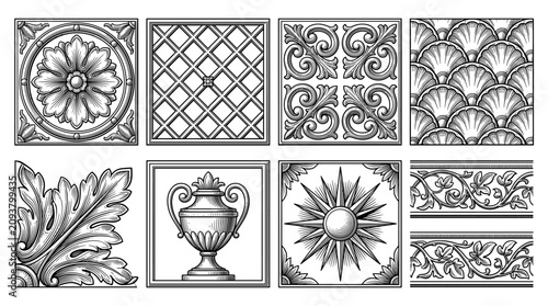 Set of Classical Architectural Decorative Ornaments and Engraved Vector Elements