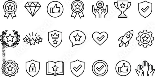 Schilderij op canvas Quality assurance and trust line art vector icon set featuring premium badges re
