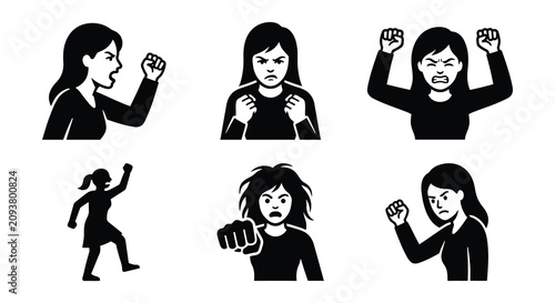 Canvas Print Angry woman silhouettes vector illustration with various aggressive poses