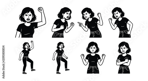 Tableau sur toile Angry woman silhouettes vector illustration with various aggressive poses