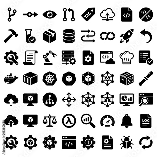 Quadro su tela Set of diverse dev ops and software engineering development icons with software