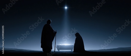 Silhouetted figures witness the Nativity under a guiding star