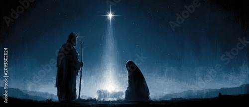 Starry night figures worship at a manger under a guiding star
