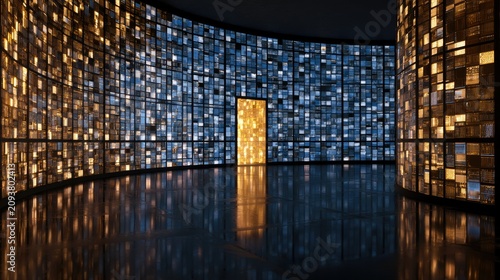 Futuristic curved hallway with glowing panels and a luminous doorway