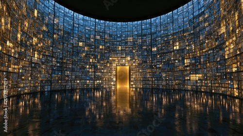 Futuristic, glowing circular room with a golden door
