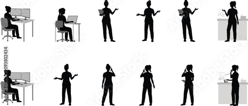 Silhouettes of Women Working at Computers and Talking on Phones woman laptop