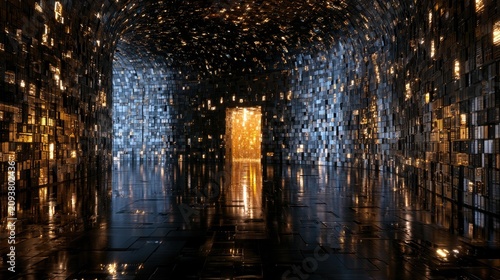Futuristic tunnel with glowing, textured walls and a bright, distant opening