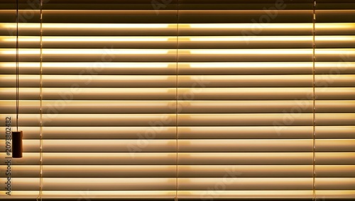 Light filters through closed, warm-toned horizontal blinds with a single pull cord