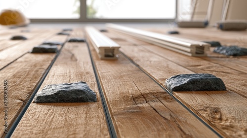 Wooden planks laid with metal strips and stone accents