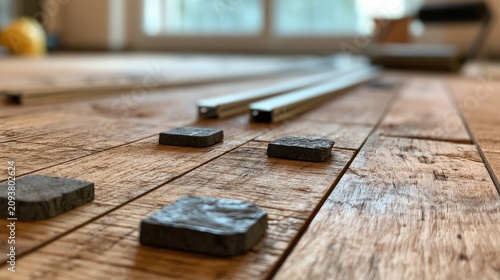 Textured flooring planks and metal strips await installation on wooden floor