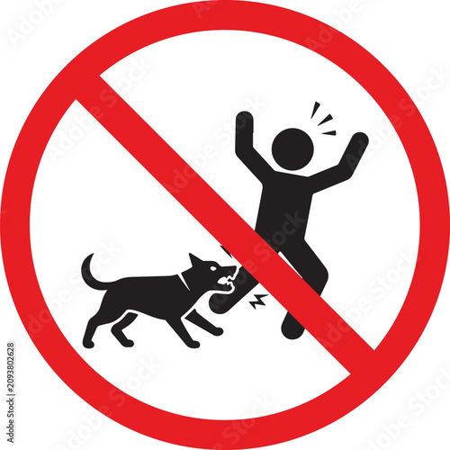 Prohibition sign for aggressive dog bites, red circle warning symbol with biting animal and person, dangerous dog attack safety icon vector