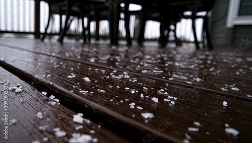 Wet wooden deck with scattered white granules