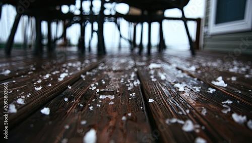 Wet wooden deck with scattered ice pellets after a storm