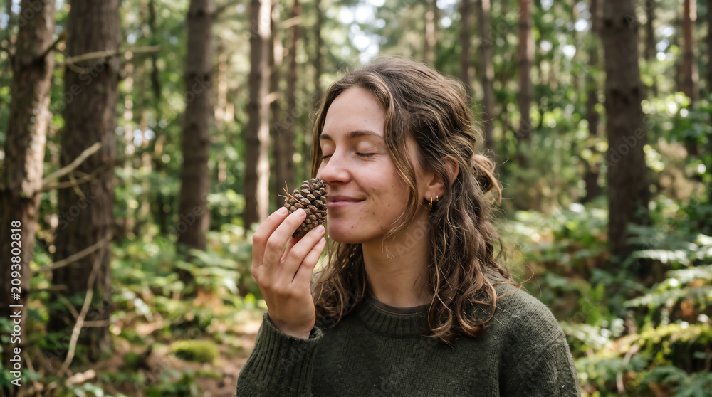 Fototapeta premium Serene young woman smelling a pinecone in a lush green forest