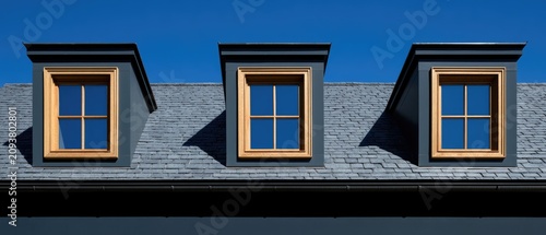 Three dormer windows with wooden frames on a slate roof under a clear sky