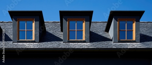 Three dark dormer windows with wooden frames on a slate roof