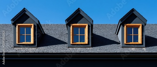 Three dormer windows with wooden frames on a dark roof under a clear blue sky