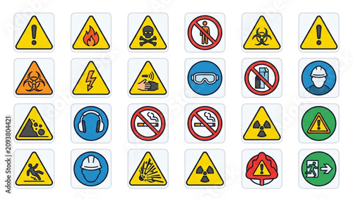 Warning Line Icon Set with Alert and Safety Symbols