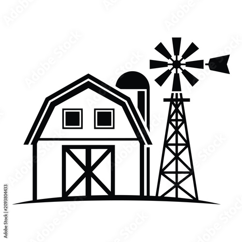 Black and white barn with windmill illustration