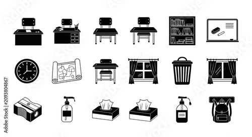 Cuadro en lienzo Collection of black and white office and industrial icons.