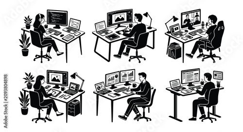 Bild auf Leinwand People Working At Desks Vector Illustration Set On White Background