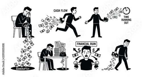 Financial hardship illustrations black and white vector set on white background