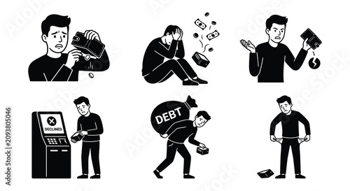 Financial hardship illustrations black and white vector set on white background