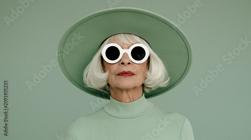 Woman wearing oversized novelty sunglasses and wide-brim hat. Playful female model with exaggerated eyewear posing for fun portrait. 