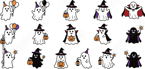 Obraz na plátně Halloween character set ghosts vampires and witches with festive decorations