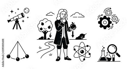 Newton s Law Of Gravity Vector Illustrations With Historical Figure