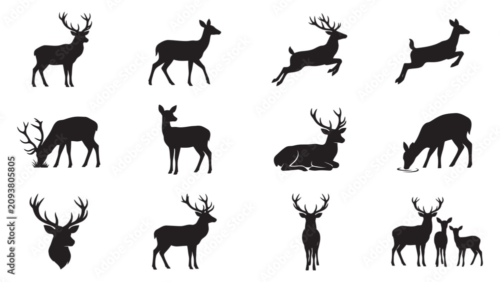 Obraz premium Deer Silhouette Vector Set, Stag and Doe Icons Bundle